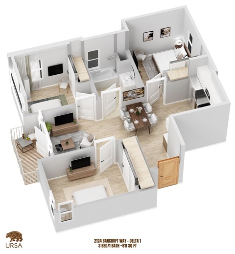 Floor plan for 3 beds, 1 bath, 811 sqft